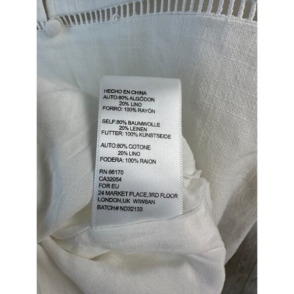 Urban Outfitters UO Beth Linen Mini Dress S White V-Neck Puff Sleeve Summer Boho - Picture 6 of 7